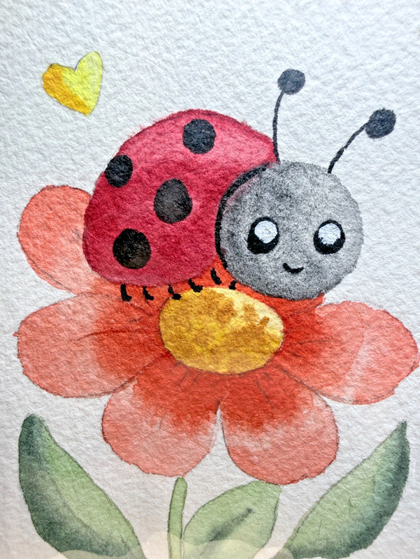 ACEO Original OOAK Signed (Not a Print) «Flower Friend» Ladybug & Flower Cute