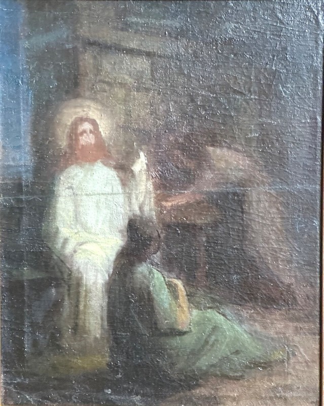 Antique Religious Oil on Canvas Painting Jesus Mary & Martha Framed 19th C