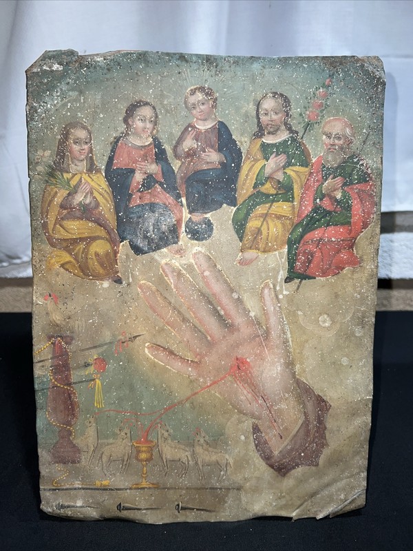 Rare Original Religious Oil On Tin Painting Mexico 1800-1830 Jesus’s Communion