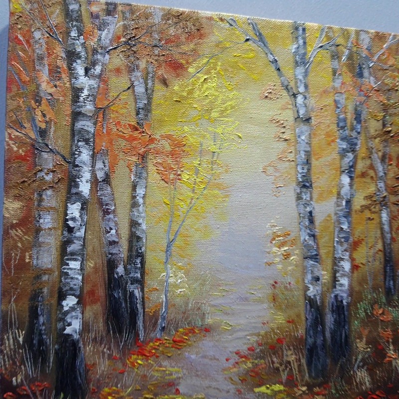 Autumn Forest Path Oil Painting Original Birch Trees Woodland Wall Art Decor 8x8 gallery