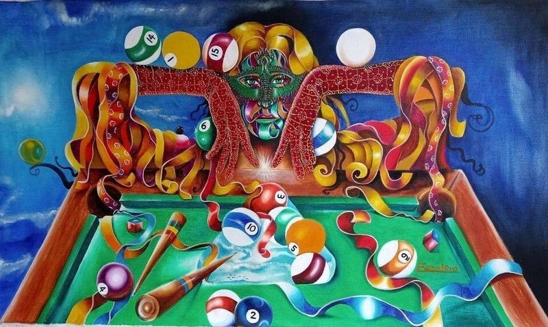 Beautiful Mythical Woman Billiards Oil Painting Large & Unique