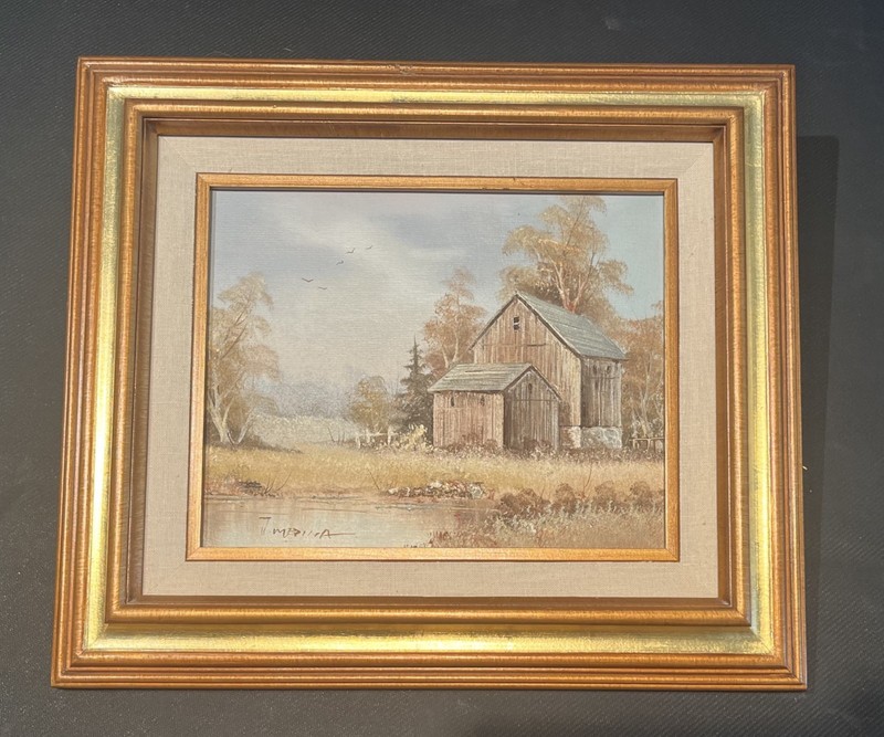 Painting by J. Medina Rural Barn Oil on Canvas wood frame