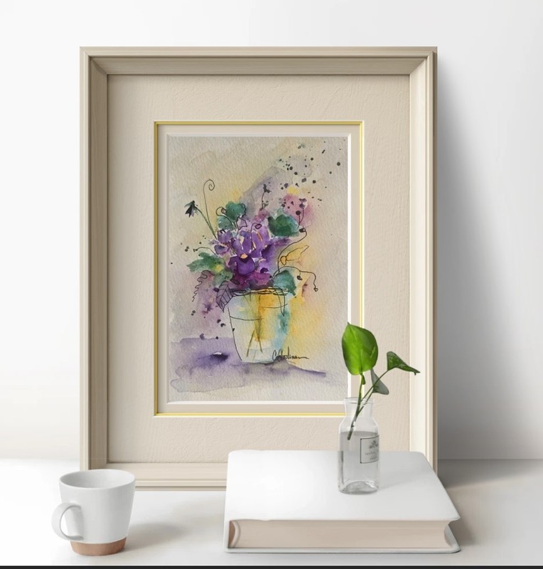 Original Signed Watercolor. Violets. Purple Flowers. Woodland. Moss.