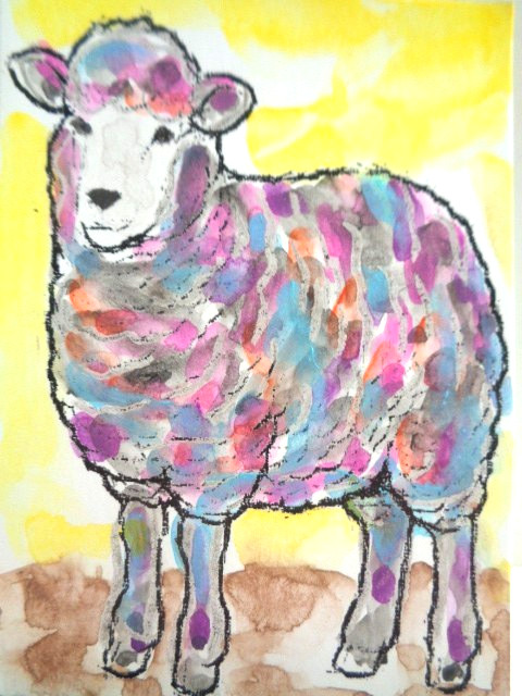 ATC ACEO Country Farm COLORFUL WOOLY SHEEP Painting Art