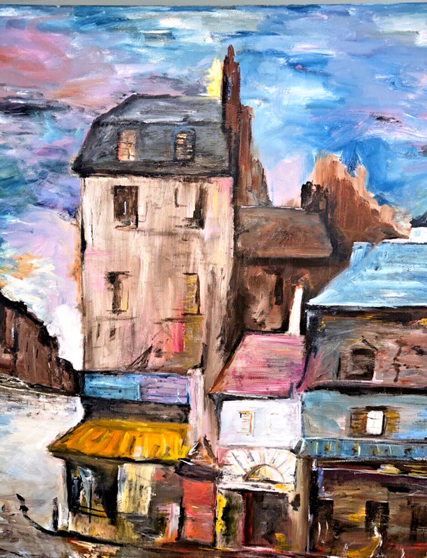 35x48" Original Painting Canvas Impressionism French Town Art Signed TScott gallery