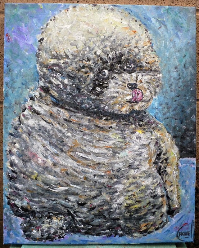 GIANT FLUFFY FAT PUPPY 16×20 canvas original art canine fur pet signed CROWELL