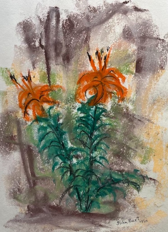 JOHN BURT AUSTRALIAN PASTEL «ORANGE CHRISTMAS LILLIES INVERLOCH VICTORIA» 1990