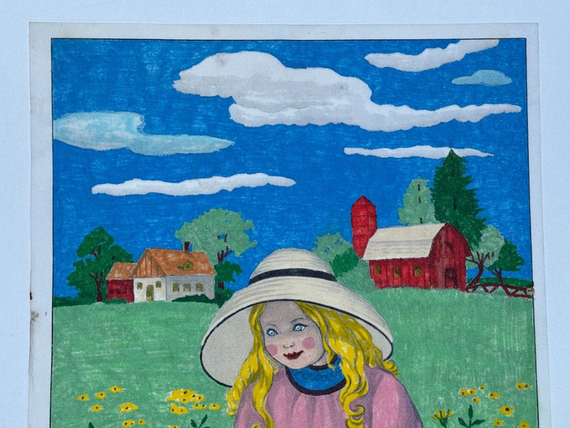 GRAMM SIGNED PAINTING GIRL REBECCA SEATED WITH CAT & 2 KITTENS FARM LANDSCAPE gallery