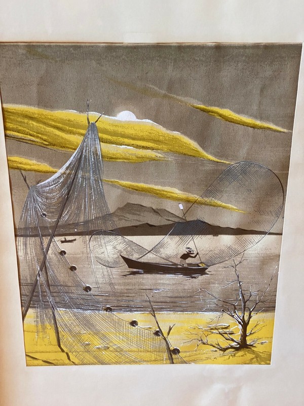 ORIGINAL JAMES BUNNELL HAND PAINTED CHINESE FISHING CAST NET PAINTING WATERCOLOR gallery