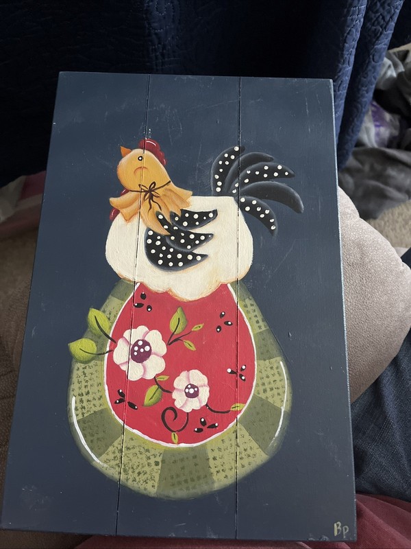 Nesting Hen sitting on whimsical watermelon 8” x 12” painting on wood.