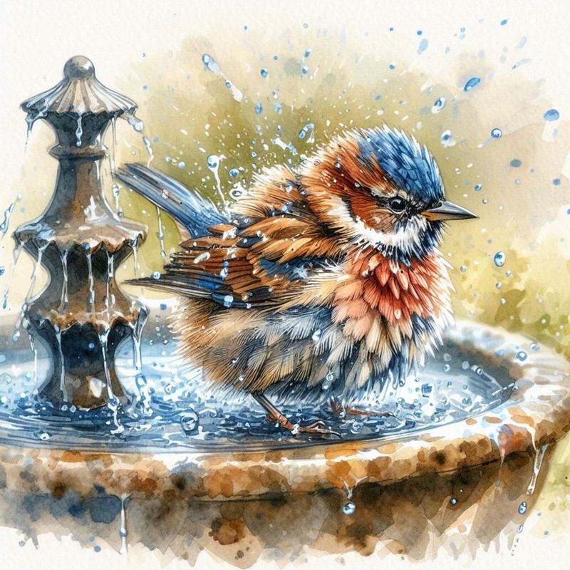 Bird In Fountain Flower Floral Art Giclee Art Print Canvas Wrap or poster