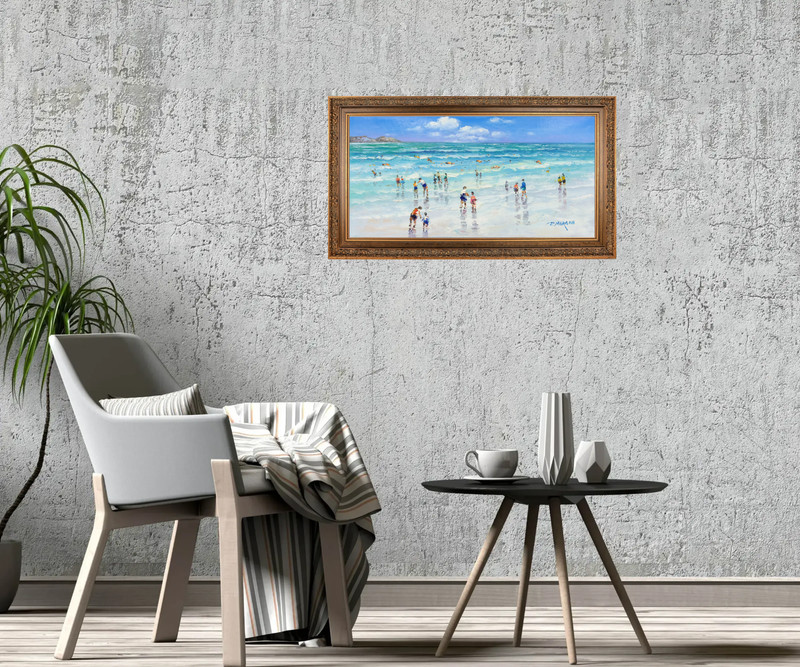 Framed Original Oil Painting on Canvas, Summer Blue Beach , Signed Korean Art gallery