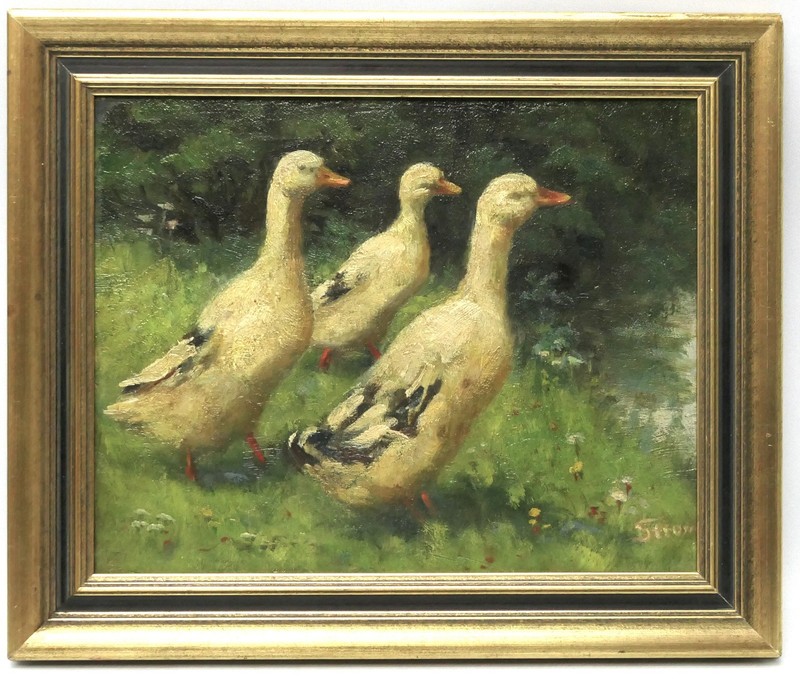 «Three Ducks in the Green» Sofie Strom Aachen 1940 Oil on Wood 25.0cm x 20.0cm