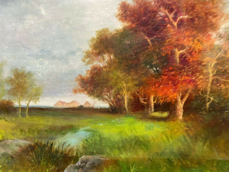Romantics Autumn Meadow Trees Um 1880 Harvest Haystacks Clearing Evening Oil gallery