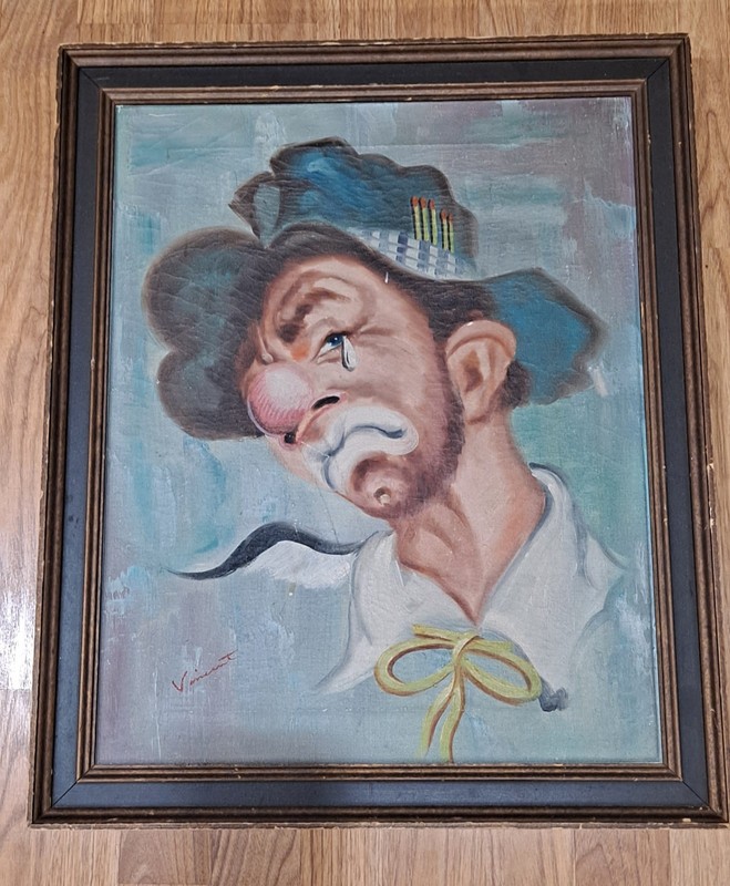 Mid Century Clown Painting by Vincent-Large Framed-Weary Willie- See Photos