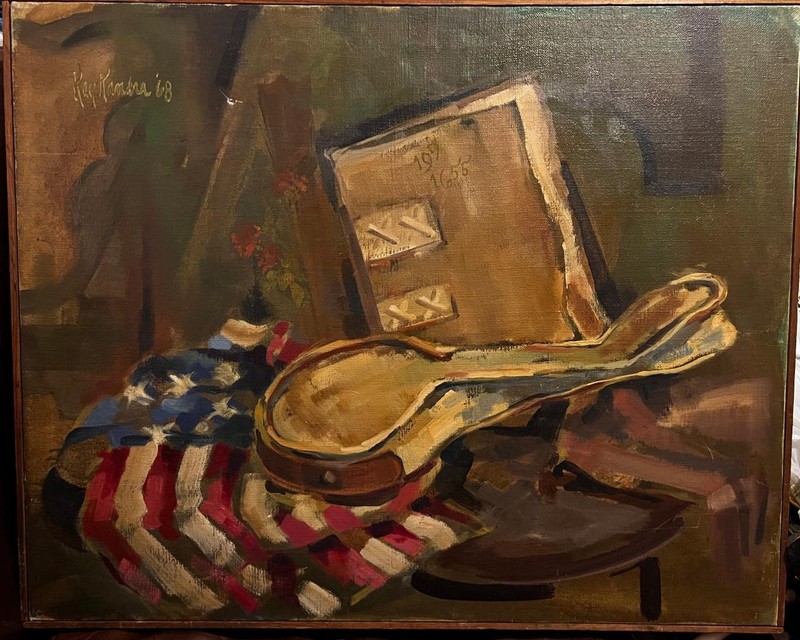 American Flag Book Banjo Still Life Oil Painting Still Life MCM 1968 Kay Kandra