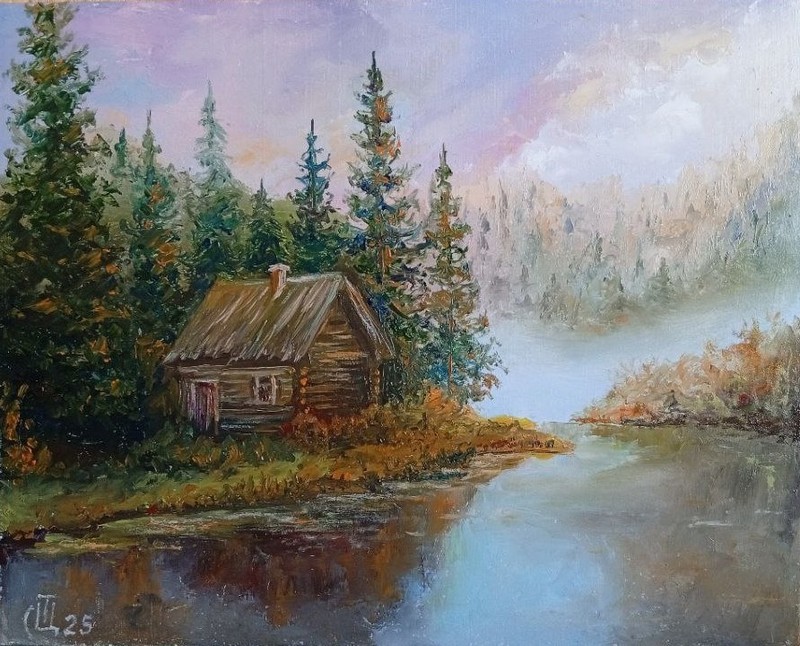 Painting «The Forester’s House.» Oil on hardboard. 8×10 inc. Handmade. 2025.