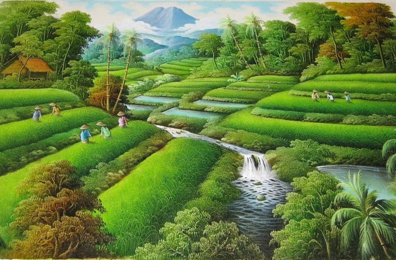 Beautiful green terraced landscape painting