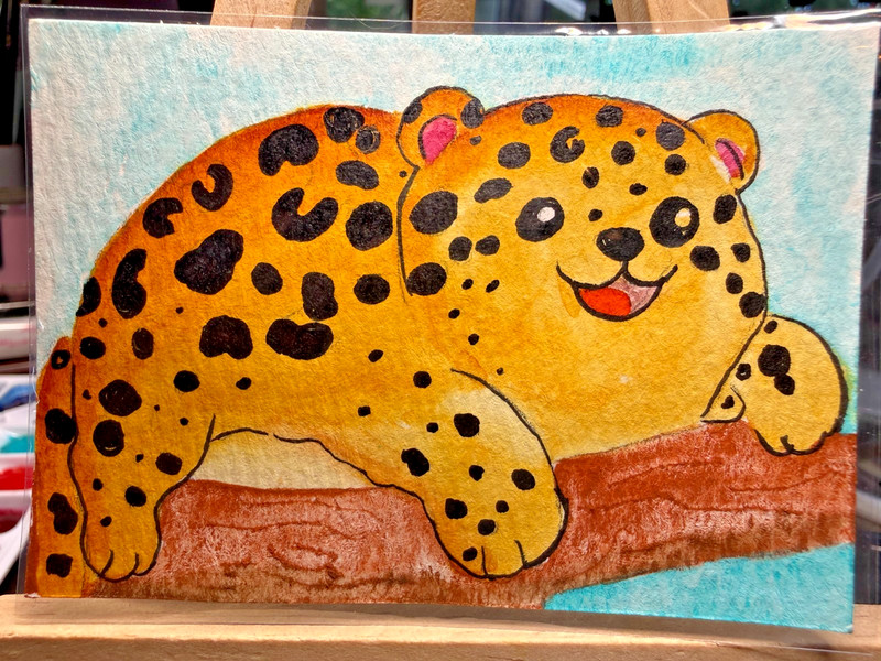 ACEO Original OOAK Signed (Not a Print) «Charlie Cheetah» on Branch Art Card