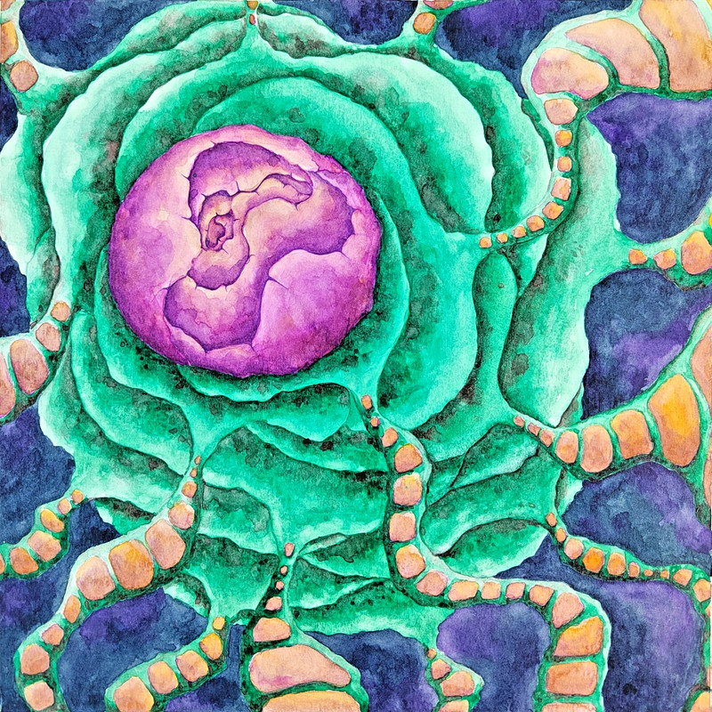 Original Abstract Cosmic Watercolor – Purple Core, Green Energy, 9.8×9.8 in