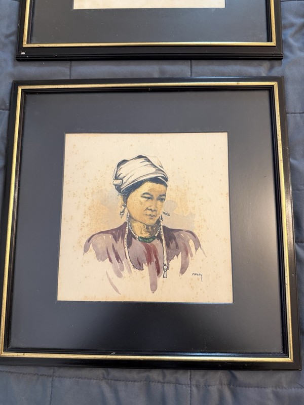 Vintage Asian framed art set of 4 watercolors gallery