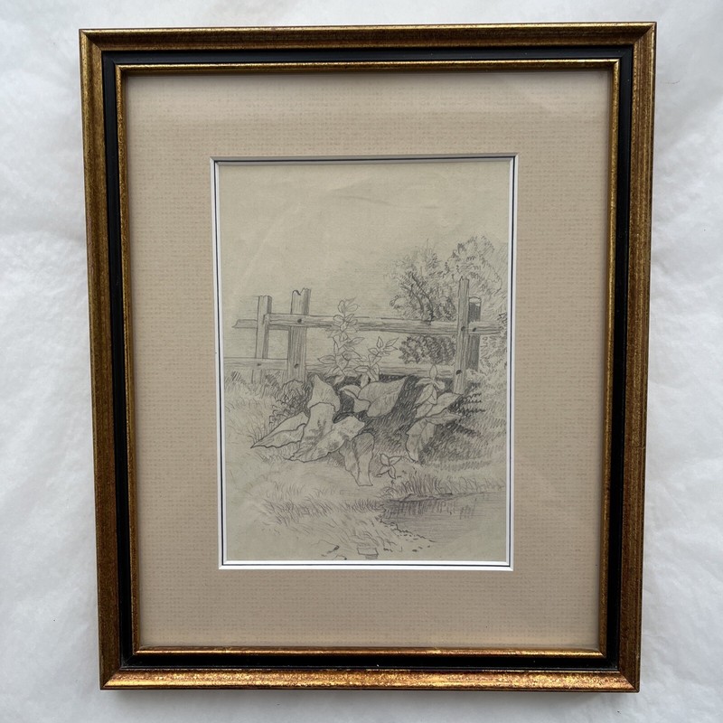 Pencil Drawings Pair Framed Matted UnSigned 9 x 10.5" Roses + Garden Scene gallery