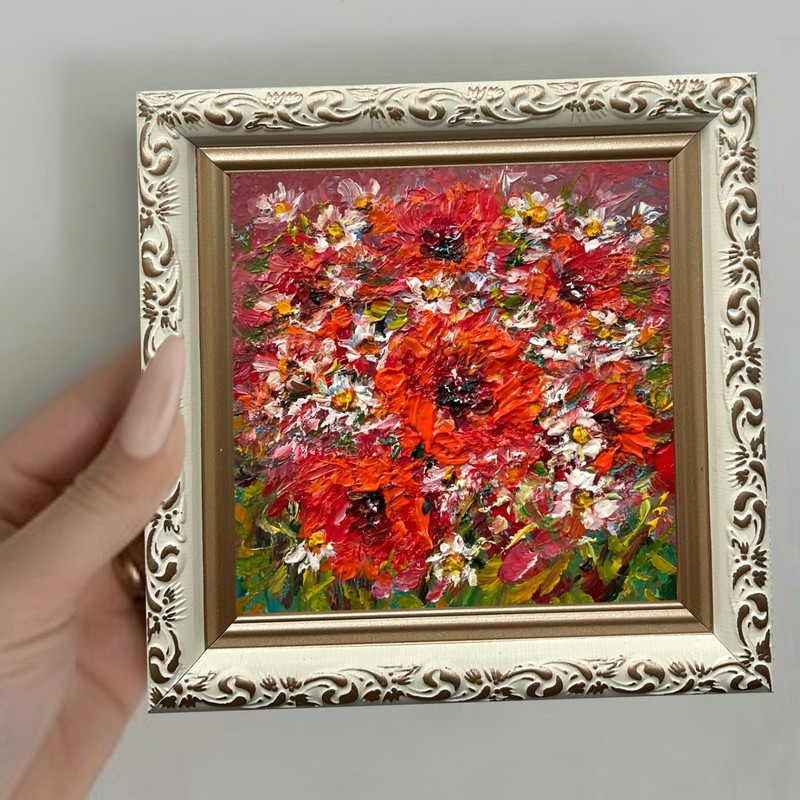 Red Poppies Original Oil Painting Impasto Flowers Blossom Wall Art 4×4 Mini Art