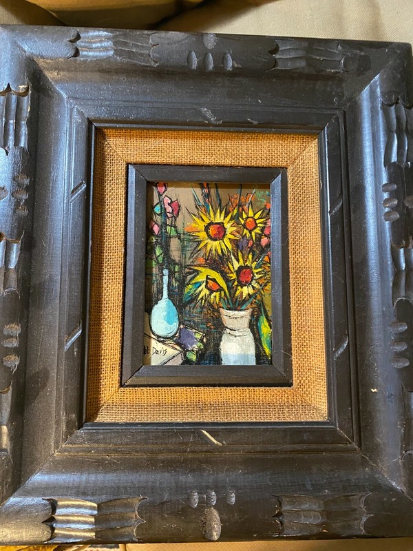 Pat Davis «Vase Of Flowers Scene» Oil Painting – Signed And Framed