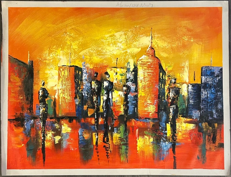 Hand-Painted Oil Painting on Canvas Paper 27×35. «Fiery Cityscape»