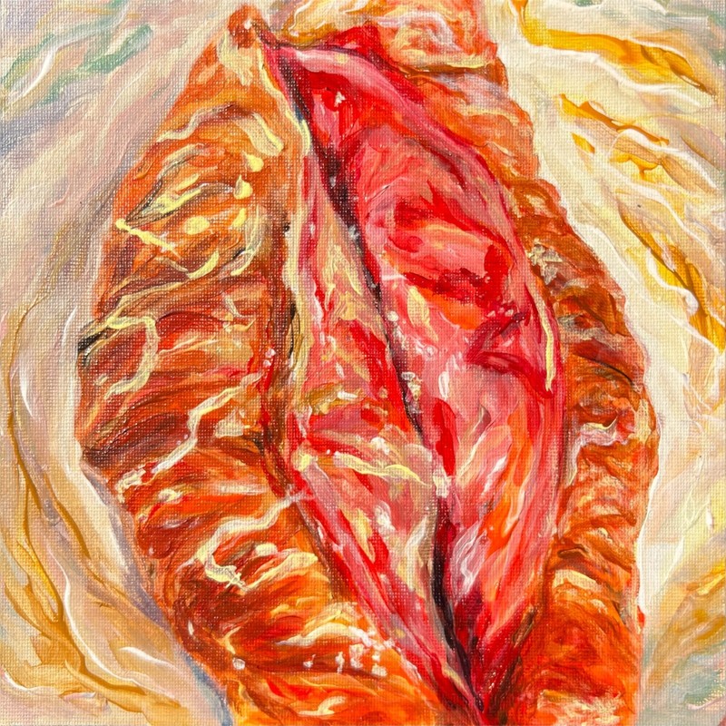 «Crimson Between Flakes» Original Food Acrylic Painting -8 x 8 in (20 x20 cm)
