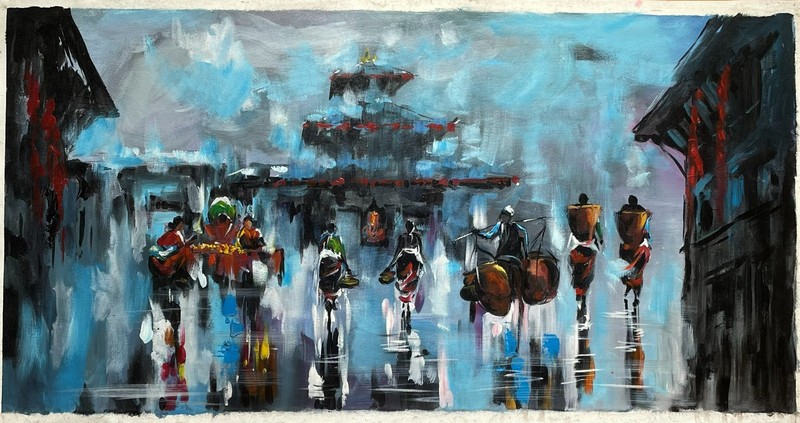 Durbar Square Acrylic Painting (18″ x 35.5″) – Handmade in Nepal (D4P27)