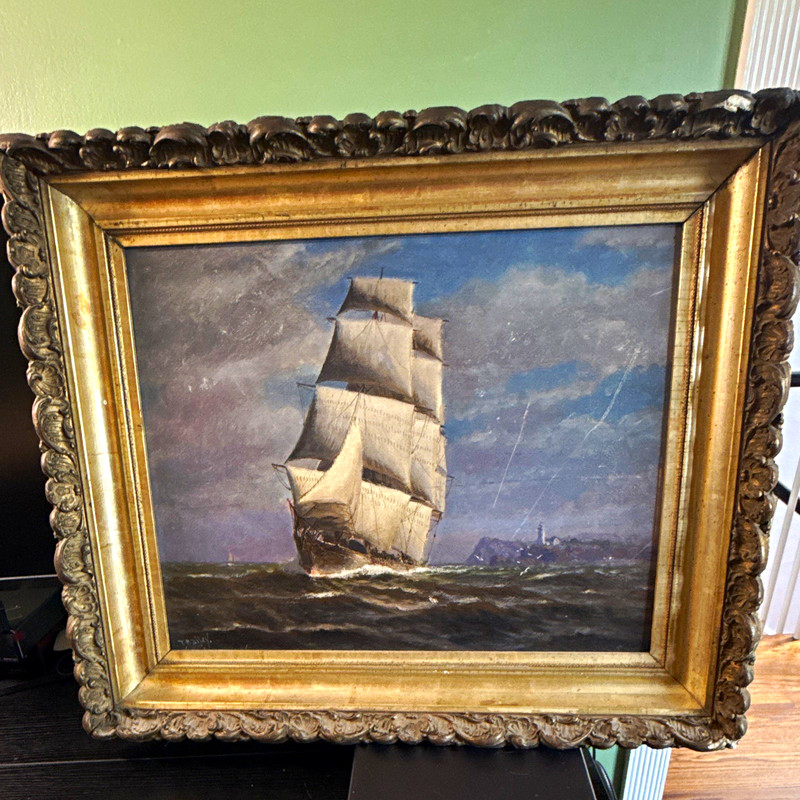 T. Bailey Signed Framed Realism Nautical Seascape Painting w/ Sailing Ship