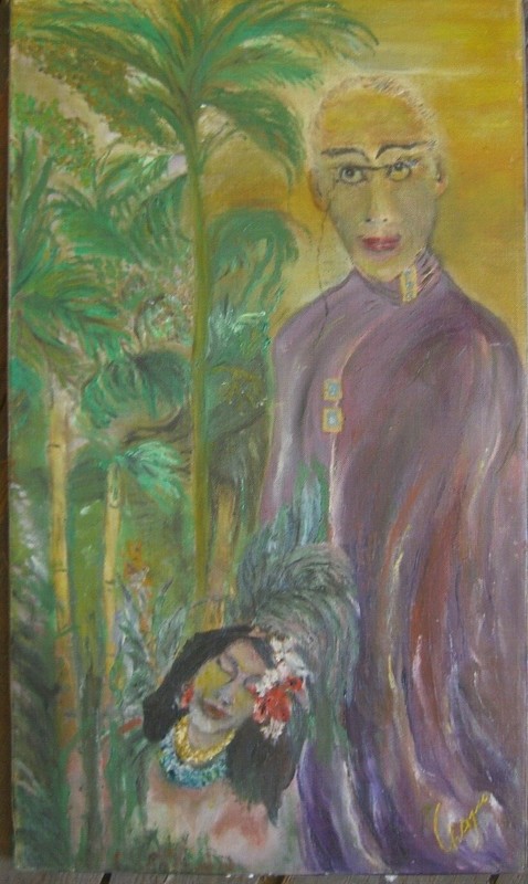 ::PORTRAIT EXPRESSIONIST AROUND 1960 °GRANNY WITH CHILD UNDER PALM TREES SIGNED °INTERESTING