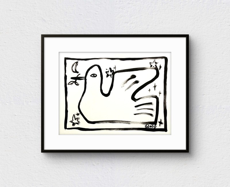SLOOG Original Art Unique Expressionism Wall Art on Paper 9x12 Peace Dove B&W gallery