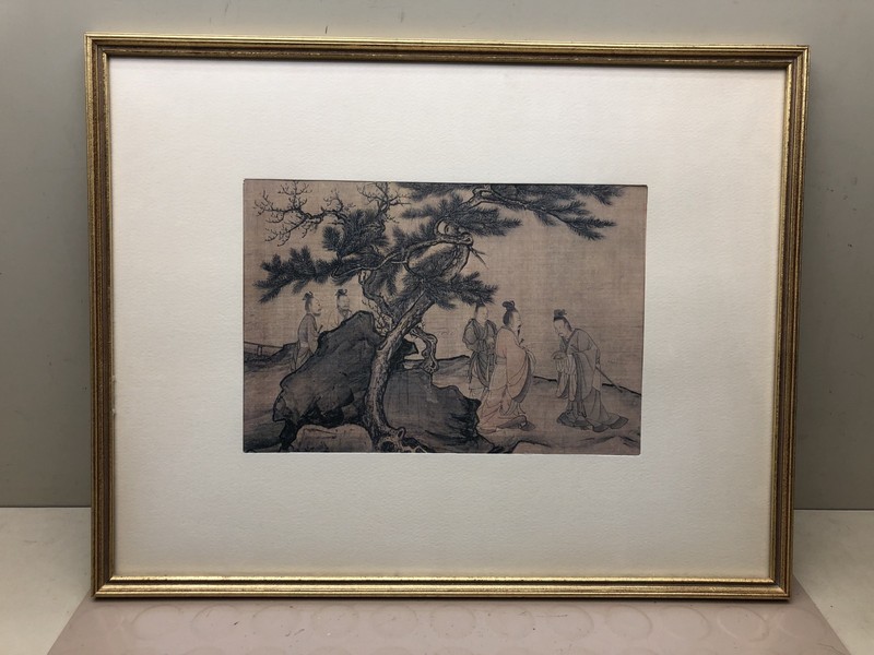 Vintage ASIAN ART PRINT CHINESE Genre Painting FRAMED 1960s