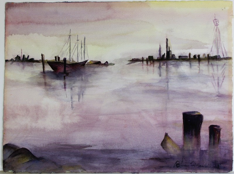 VINTAGE WATERCOLOR ON PAPER DATED 1968 SIGNED SEASCAPE SEASIDE CALM HARBOR DUSK