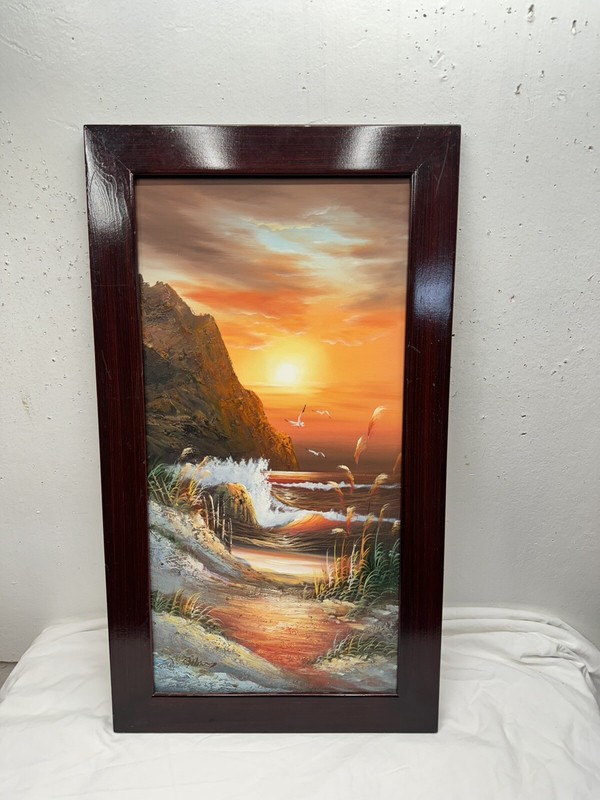 Original Golden Sunset Seascape Framed, Signed Painting ￼
