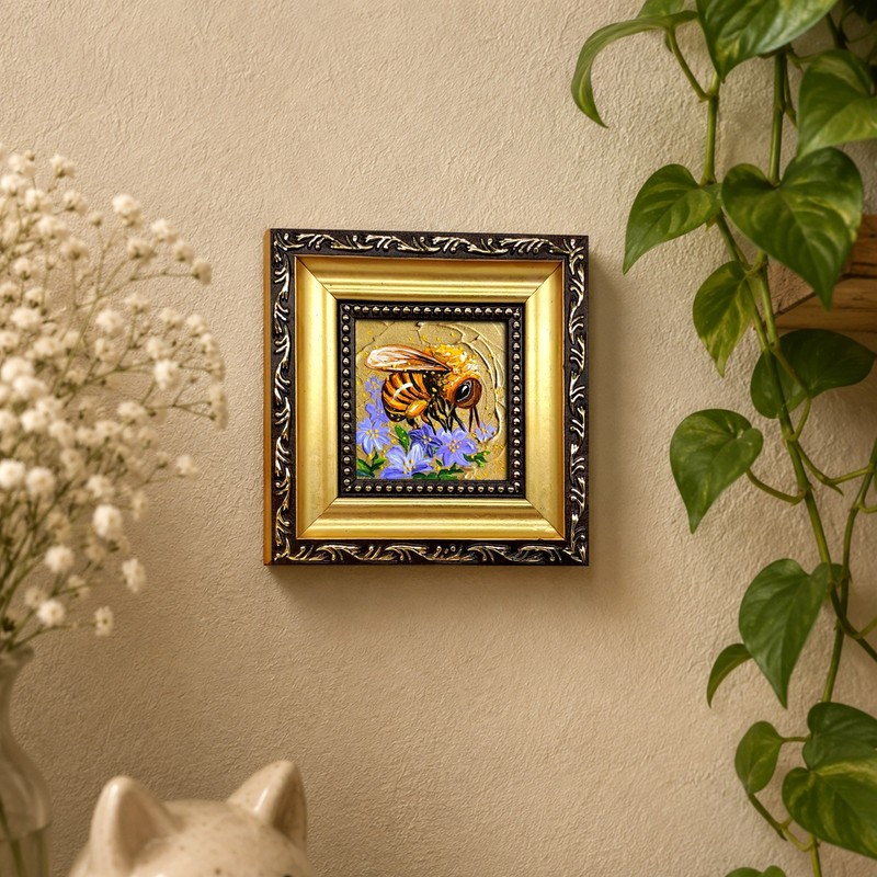 Honeybee Oil Painting: Mini Art for Bookshelf, Bee on Violet Flowers 2 by 2 in gallery