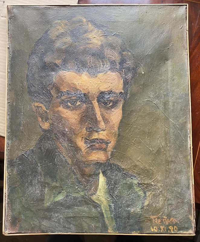 ::OIL PAINTING PORTRAIT SIGNED SOLDIER °DEDICATION VERSO : FIRST GREAT LOVE AND NAME