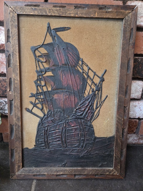 Vintage MCM Textured Ship Painting on Velvet Nautical Oil Drip Art Mexico 21″x14