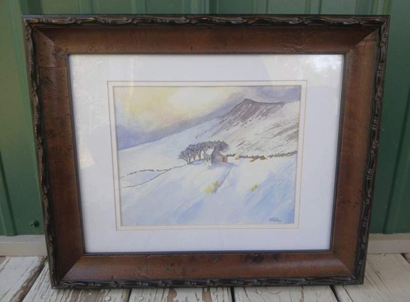 VtgOriginalWatercolorPaintWinterSnowMountainCabinFramedRealisticCottage90sOOAK