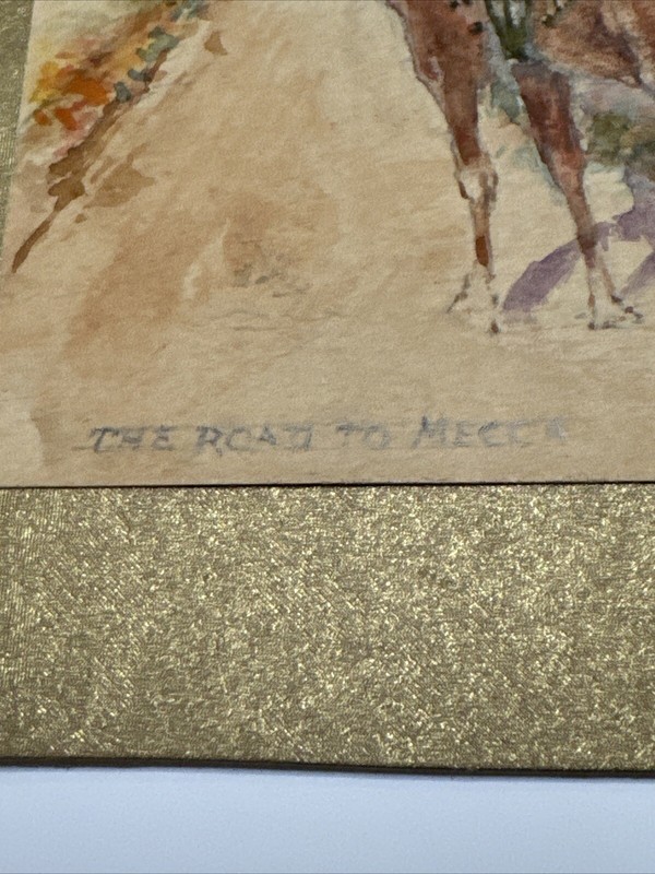 ORIENTALIST LANDSCAPE PAINTING ANTIQUE 1910'S SMALL ROAD TO MECCA MAN ON CAMEL gallery