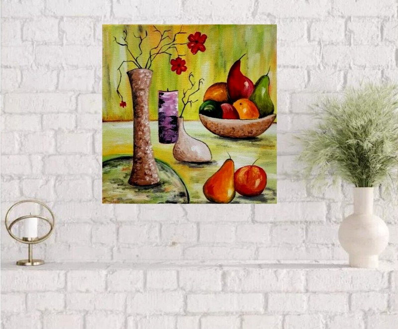 Fruits and flowers in a vase on the table.Original oil painting on canvas 10x10" gallery