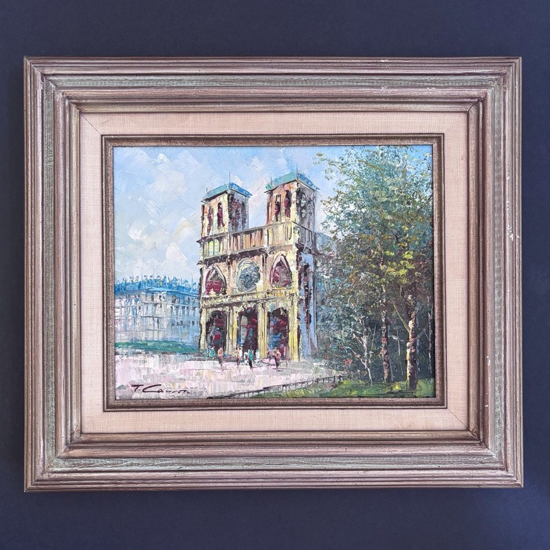 T Carson Oil Painting Notre Dame Cathedral Paris Street Scene 15” x 13” Vintage