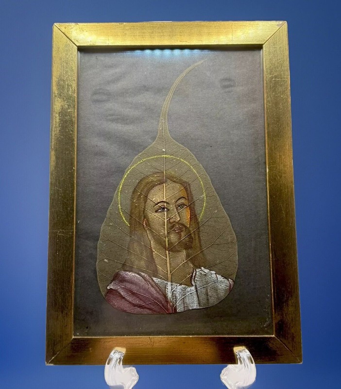Original Art Hand Painted Oil Jesus Christ On Skeleton Pipal Tree Leaf!