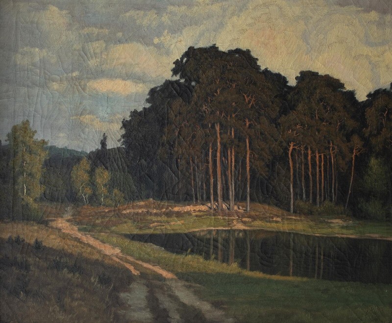 Forest Lake Landscape Brandenburg Monogrammed Framed Oil Canvas Circa 1900