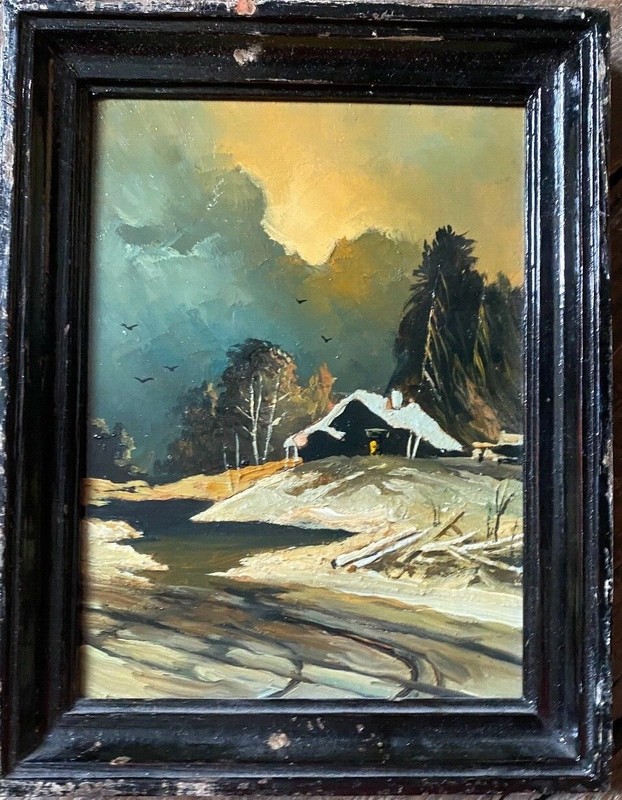 ::SNOW WINTER OIL PAINTING HTTE IN THE MOUNTAINS ADOLF BUR SIGNED FRAME MOUNTAINS