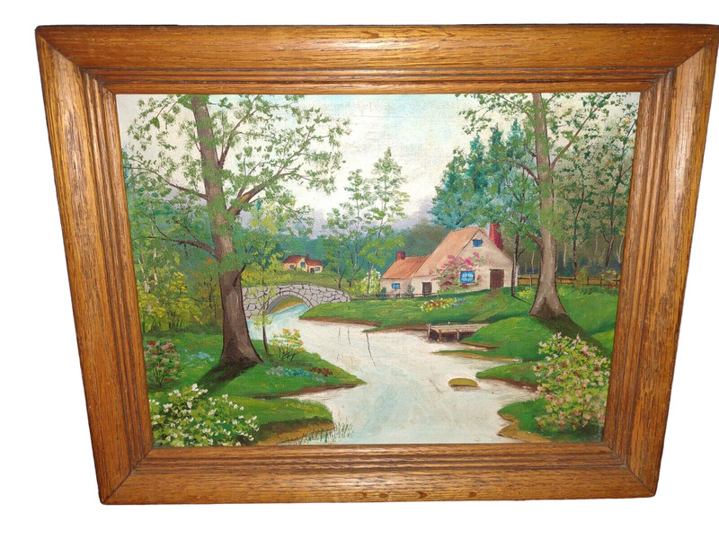 Oil Painting of Cottage and Bridge McDaniel 1958 Grand Rapids Michigan 14″x11″