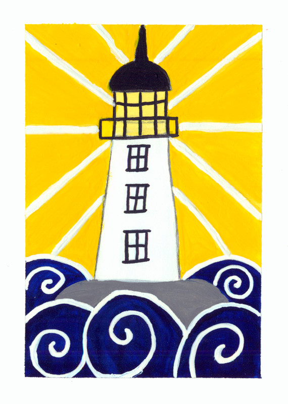 ACEO Original Lighthouse Ocean Waves Miniature Painting Animal Art OneCraftyLady