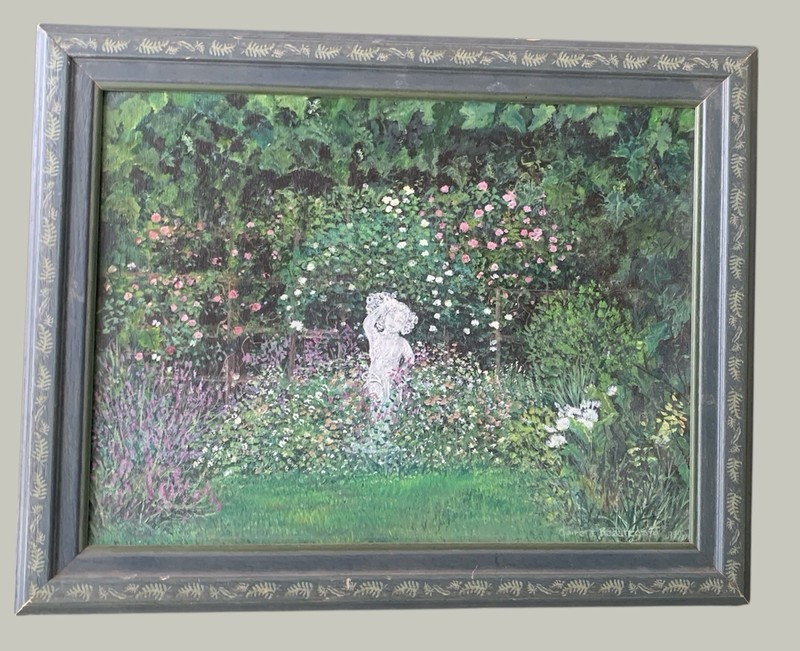 Vintage Oil Painting Art Deco “Secret Garden” Signed Claire Beauregard 1970